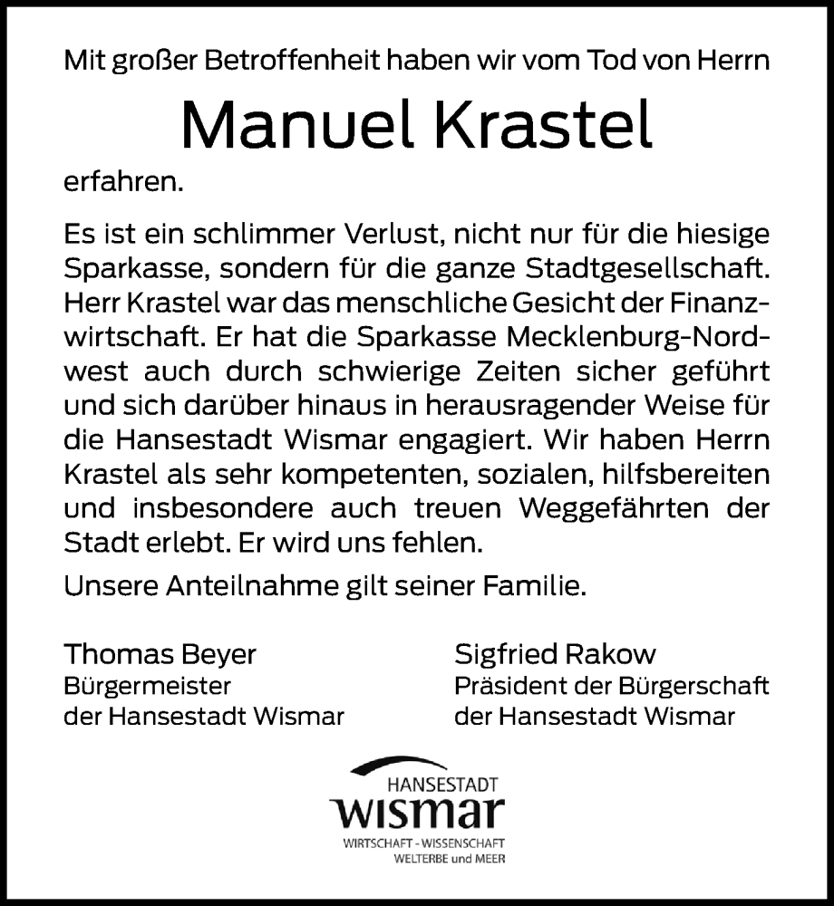  Traueranzeige für Manuel Krastel vom 09.03.2024 aus Ostsee-Zeitung GmbH