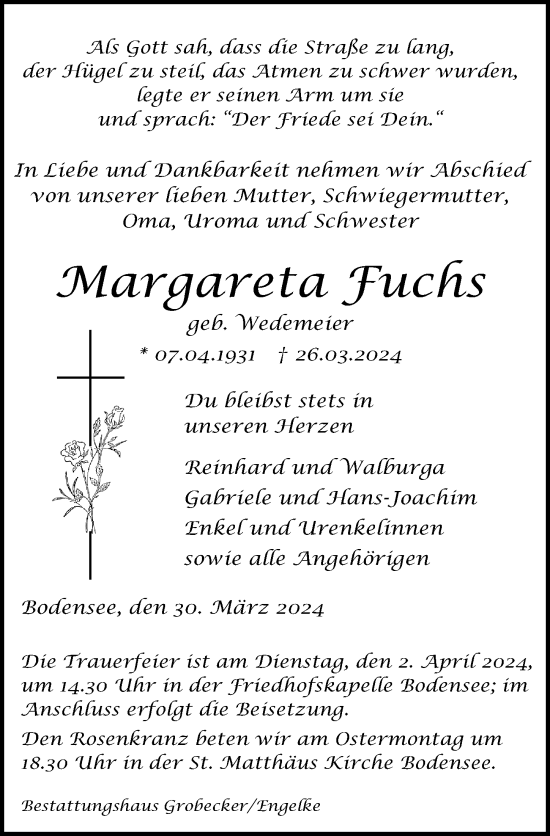 Traueranzeige von Margareta Fuchs von Eichsfelder Tageblatt