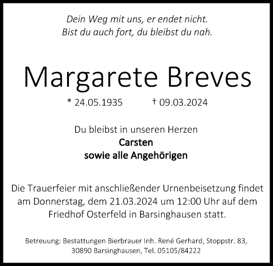 Traueranzeige von Margarete Breves von Hannoversche Allgemeine Zeitung/Neue Presse
