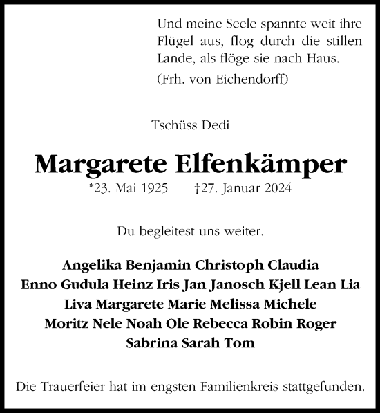 Traueranzeige von Margarete Elfenkämper von Lübecker Nachrichten