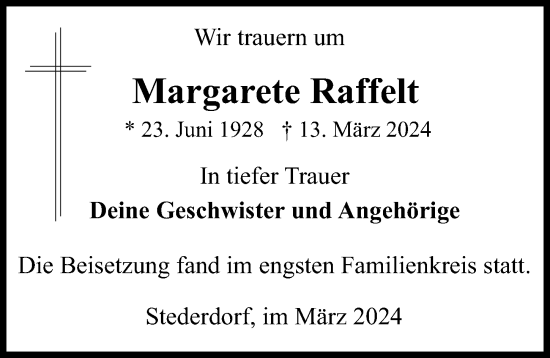 Traueranzeige von Margarete Raffelt von Peiner Allgemeine Zeitung