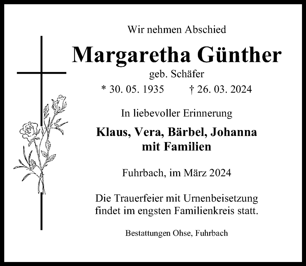  Traueranzeige für Margaretha Günther vom 30.03.2024 aus Eichsfelder Tageblatt