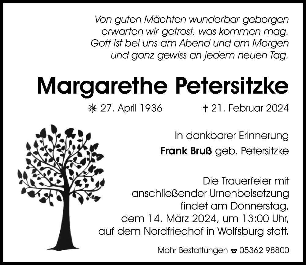  Traueranzeige für Margarethe Petersitzke vom 02.03.2024 aus Aller Zeitung