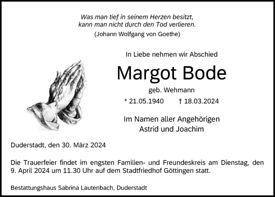 Traueranzeige von Margot Bode von Göttinger Tageblatt