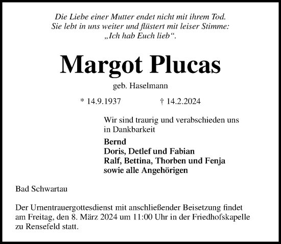 Traueranzeige von Margot Plucas von Lübecker Nachrichten