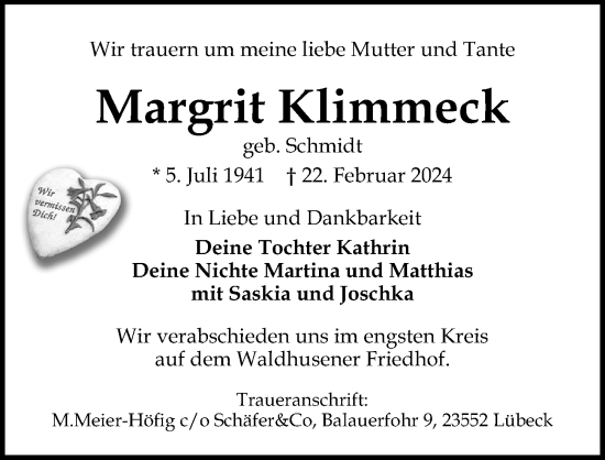 Traueranzeige von Margrit Klimmeck von Lübecker Nachrichten