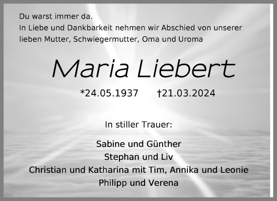 Traueranzeige von Maria Liebert von Ostsee-Zeitung GmbH