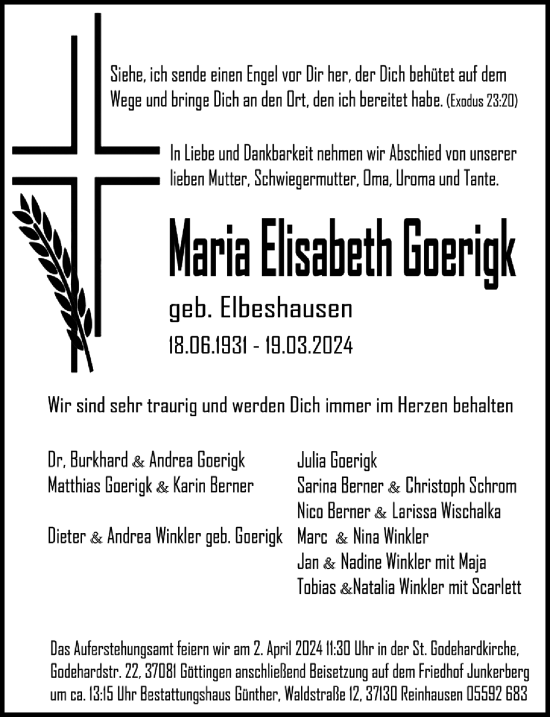 Traueranzeige von Maria Elisabeth Goerigk von Göttinger Tageblatt
