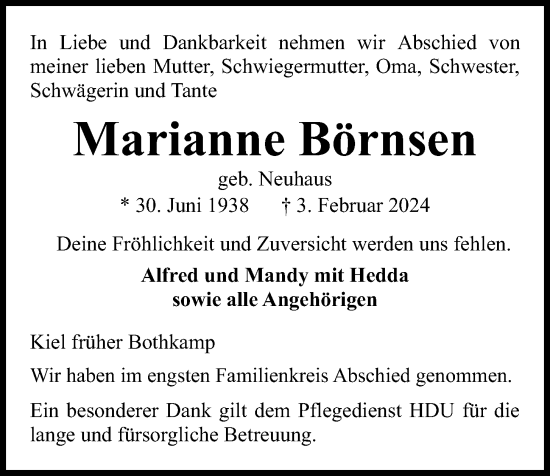 Traueranzeige von Marianne Börnsen von Kieler Nachrichten