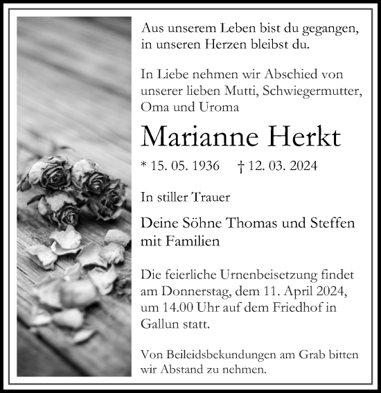 Traueranzeige von Marianne Herkt von Märkischen Allgemeine Zeitung