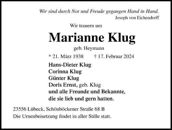 Traueranzeige von Marianne Klug von Lübecker Nachrichten
