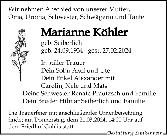 Traueranzeige von Marianne Köhler von Leipziger Volkszeitung