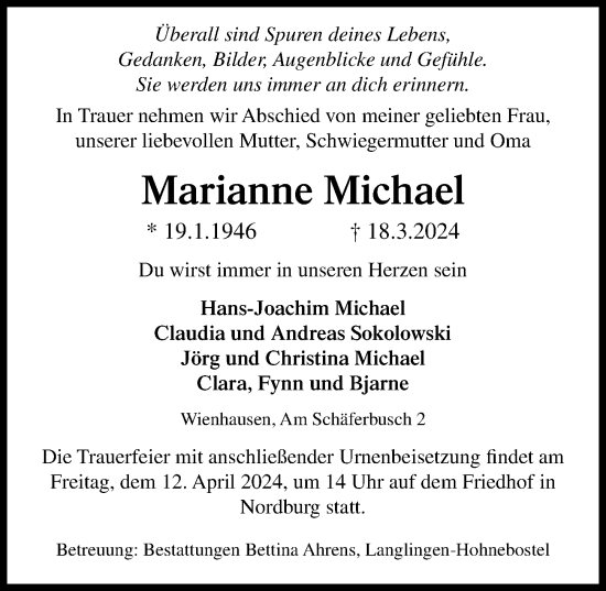 Traueranzeige von Marianne Michael von Peiner Allgemeine Zeitung