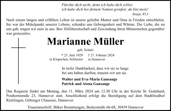 Traueranzeige von Marianne Müller von Hannoversche Allgemeine Zeitung/Neue Presse