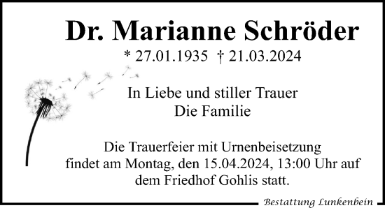 Traueranzeige von Marianne Schröder von Leipziger Volkszeitung