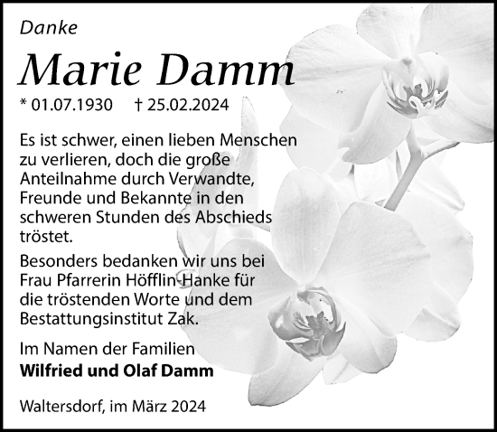 Traueranzeige von Marie Damm von Märkischen Allgemeine Zeitung