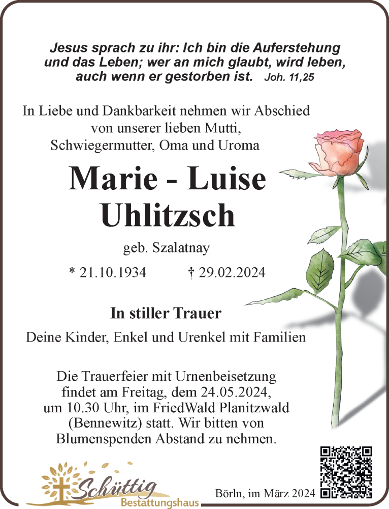  Traueranzeige für Marie-Luise Uhlitzsch vom 16.03.2024 aus Leipziger Volkszeitung