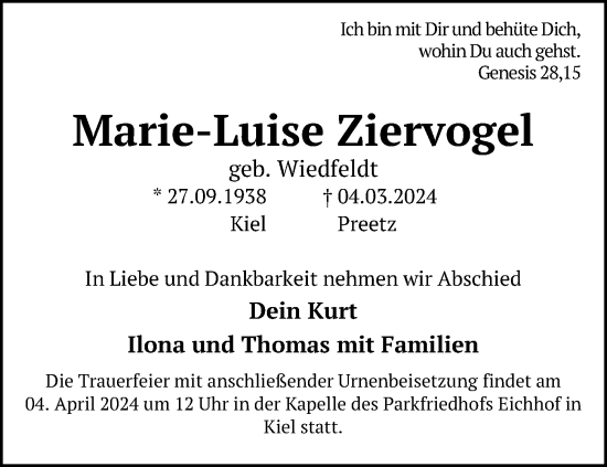 Traueranzeige von Marie-Luise Ziervogel von Kieler Nachrichten