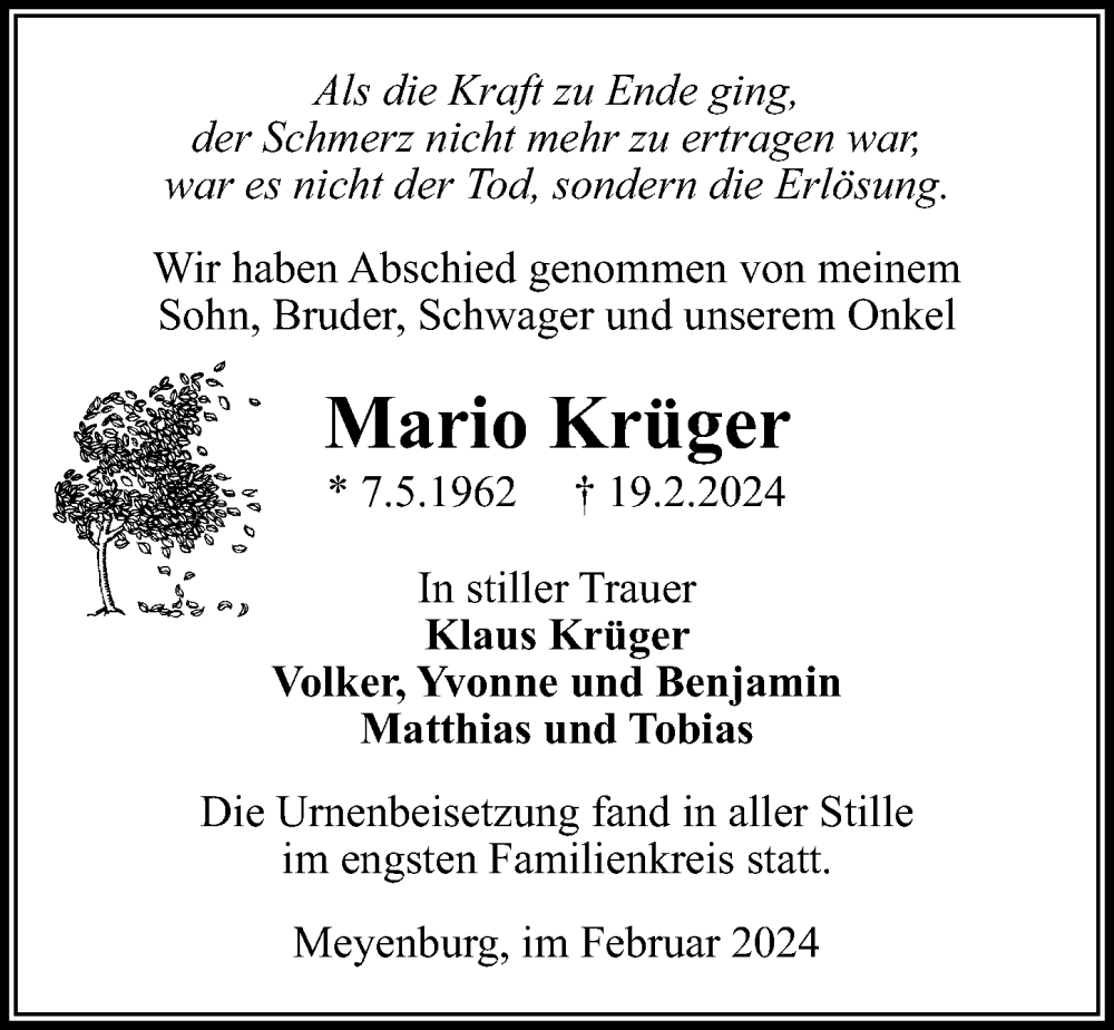  Traueranzeige für Mario Krüger vom 16.03.2024 aus Wochenspiegel
