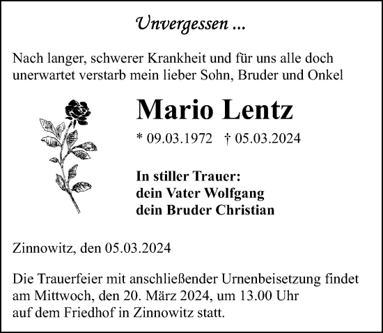 Traueranzeige von Mario Lentz von Ostsee-Zeitung GmbH