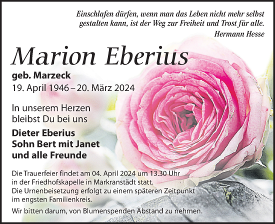 Traueranzeige von Marion Eberius von Leipziger Volkszeitung