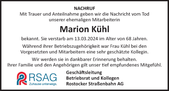 Traueranzeige von Marion Kühl von Ostsee-Zeitung GmbH