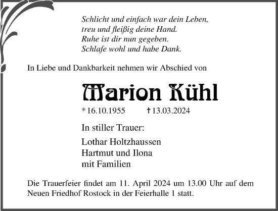 Traueranzeige von Marion Kühl von Ostsee-Zeitung GmbH