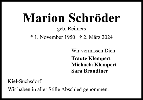 Traueranzeige von Marion Schröder von Kieler Nachrichten