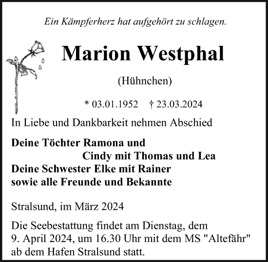 Traueranzeige von Marion Westphal von Ostsee-Zeitung GmbH