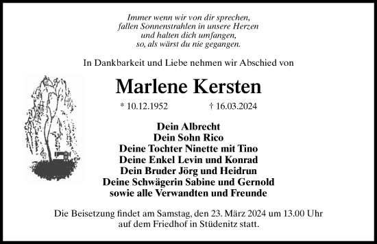 Traueranzeige von Marlene Kersten von Märkischen Allgemeine Zeitung