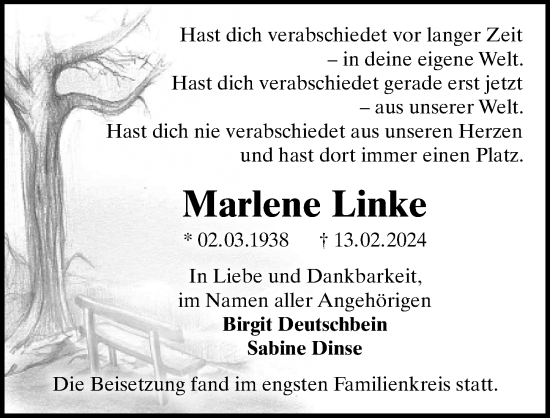 Traueranzeige von Marlene Linke von Märkischen Allgemeine Zeitung