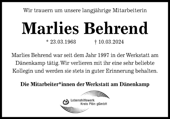 Traueranzeige von Marlies Behrend von Kieler Nachrichten