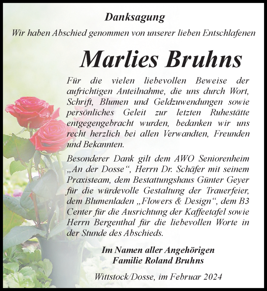  Traueranzeige für Marlies Bruhns vom 02.03.2024 aus Wochenspiegel