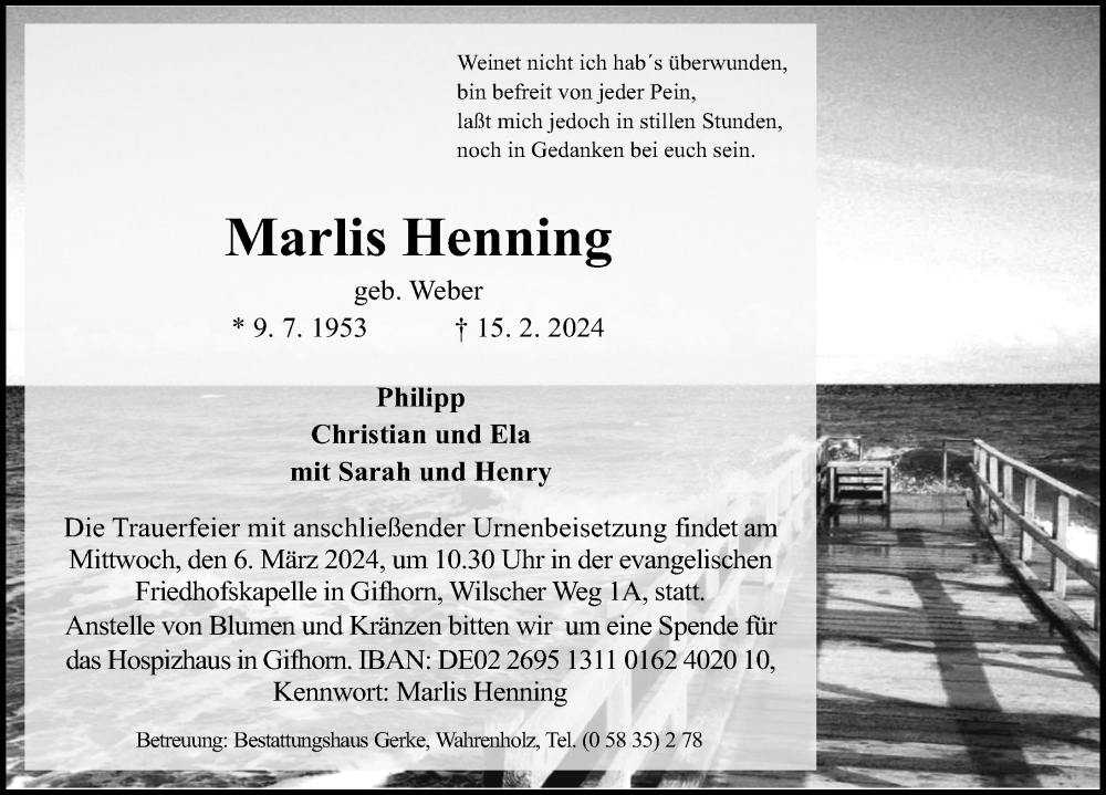 Traueranzeige für Marlis Henning vom 02.03.2024 aus Aller Zeitung