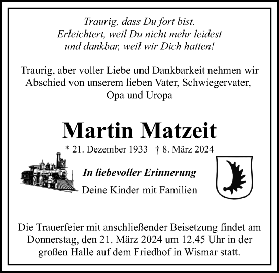 Traueranzeige von Martin Matzeit von Ostsee-Zeitung GmbH