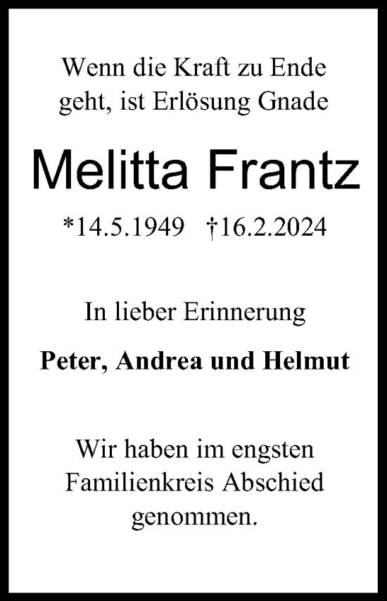 Traueranzeige von Melitta Frantz von Kieler Nachrichten