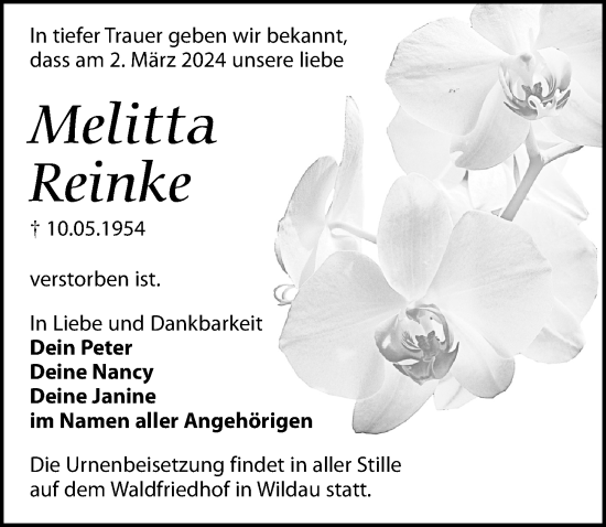 Traueranzeige von Melitta Reinke von Märkischen Allgemeine Zeitung