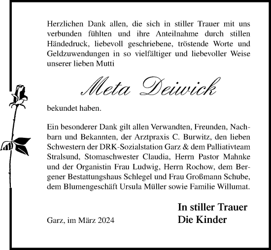 Traueranzeige von Meta Deiwick von Ostsee-Zeitung GmbH
