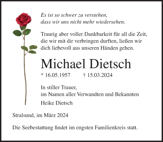 Traueranzeige von Michael Dietsch von Ostsee-Zeitung GmbH
