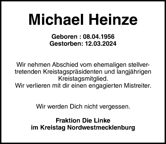 Traueranzeige von Michael Heinze von Ostsee-Zeitung GmbH