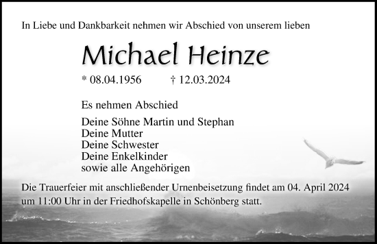 Traueranzeige von Michael Heinze von Ostsee-Zeitung GmbH