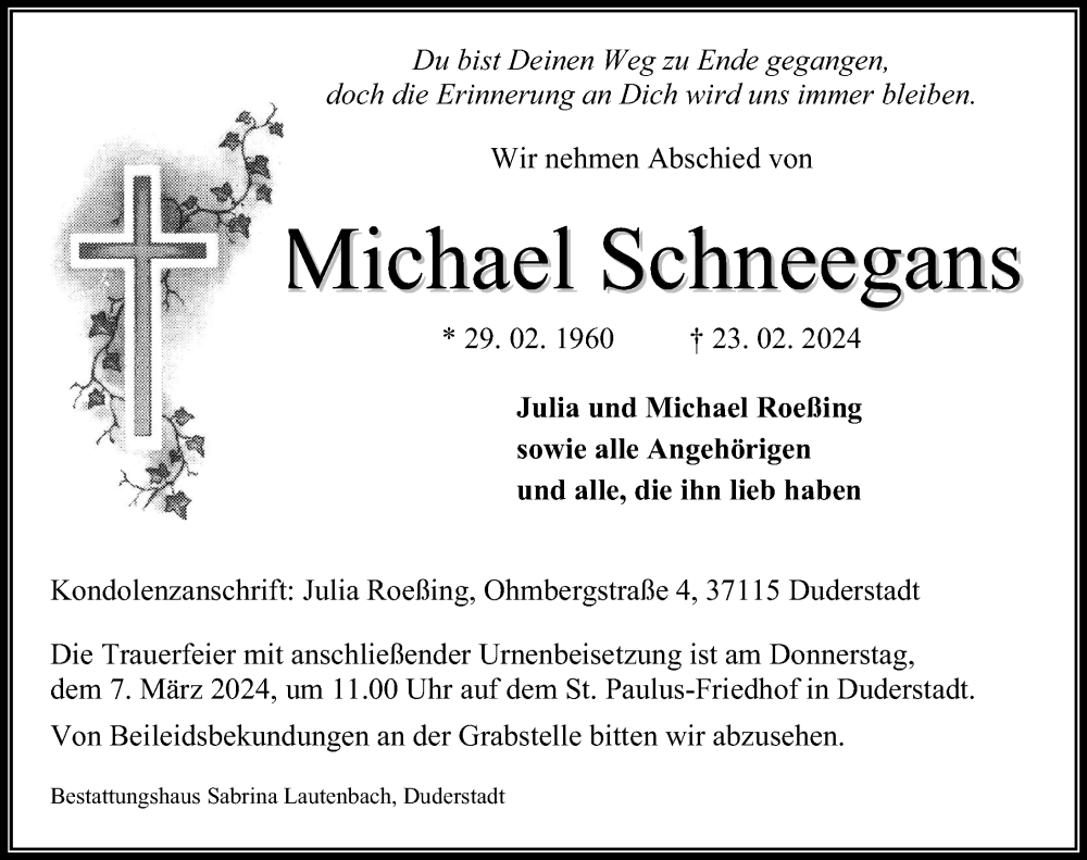  Traueranzeige für Michael Schneegans vom 02.03.2024 aus Eichsfelder Tageblatt