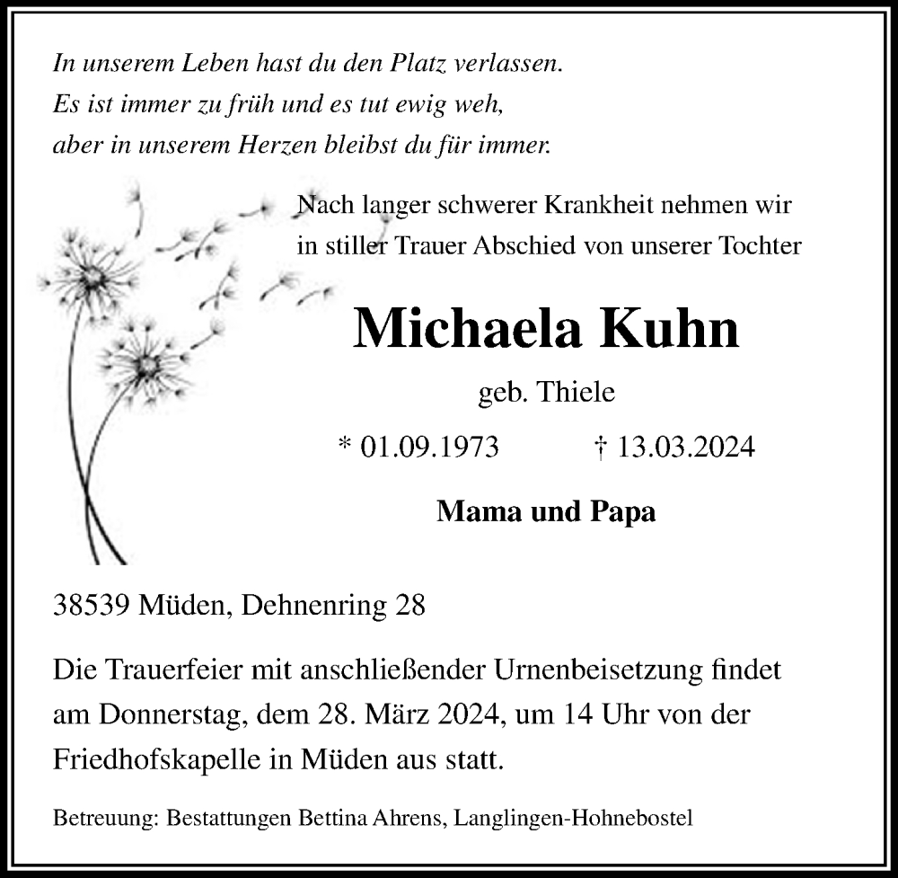  Traueranzeige für Michaela Kuhn vom 25.03.2024 aus Aller Zeitung