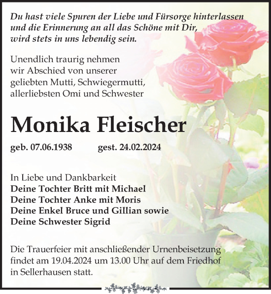 Traueranzeige von Monika Fleischer von Leipziger Volkszeitung