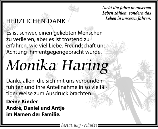 Traueranzeige von Monika Haring von Leipziger Volkszeitung