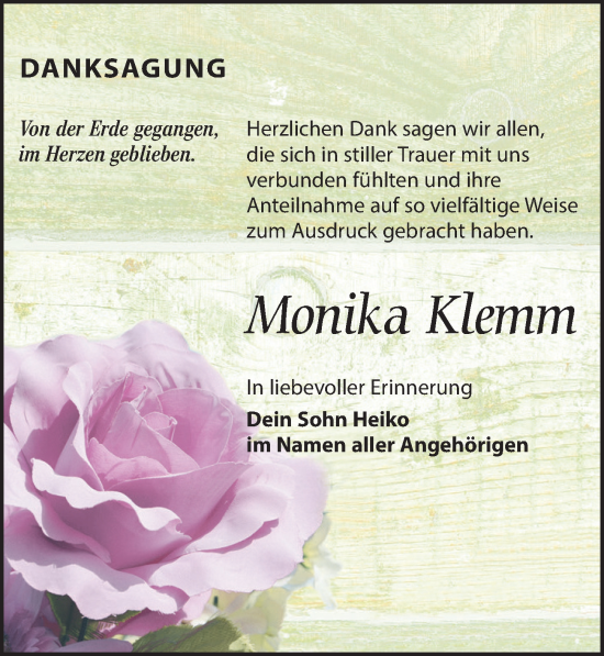 Traueranzeige von Monika Klemm von Leipziger Volkszeitung