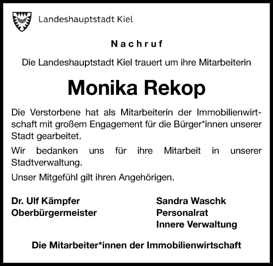 Traueranzeige von Monika Rekop von Kieler Nachrichten