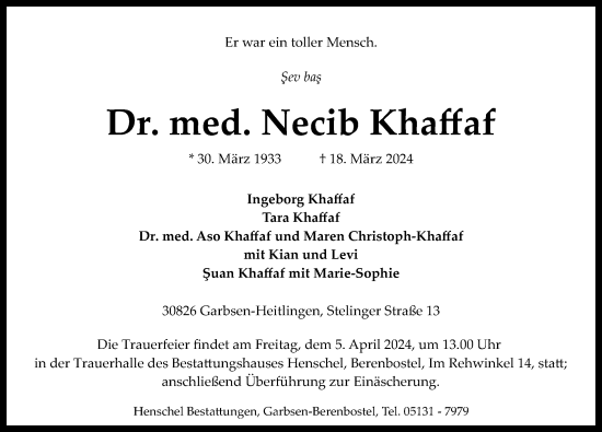 Traueranzeige von Necib Khaffaf von Hannoversche Allgemeine Zeitung/Neue Presse