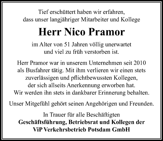 Traueranzeige von Nico Pramor von Märkischen Allgemeine Zeitung