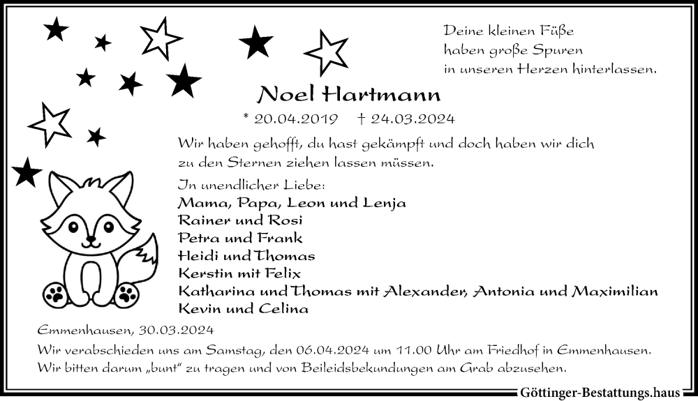  Traueranzeige für Noel Hartmann vom 30.03.2024 aus Göttinger Tageblatt